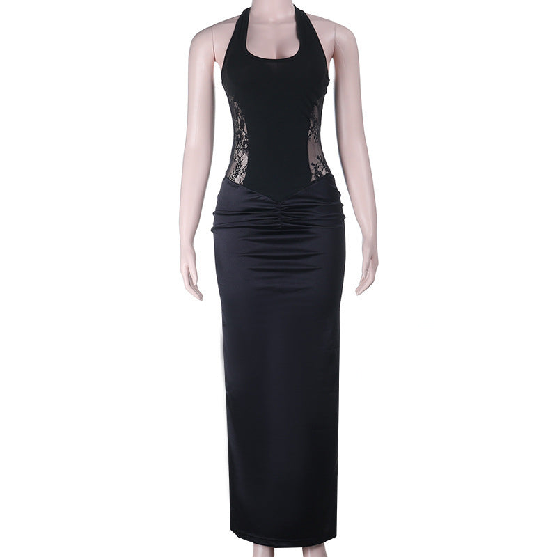 Ruched u neck self tie halter lace maxi dress  | Festival Outfits Women