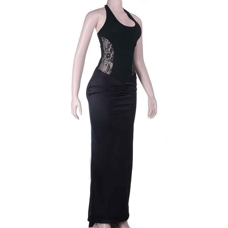 Ruched u neck self tie halter lace maxi dress  | Festival Outfits Women