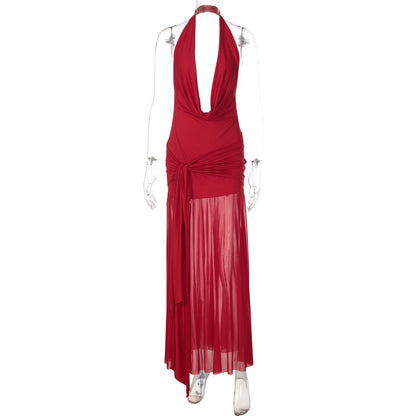 Cowl neck halter slit mesh irregular maxi dress  | Festival Outfits Women