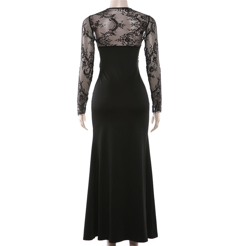 Long sleeve lace patchwork v neck maxi dress  | Festival Outfits Women
