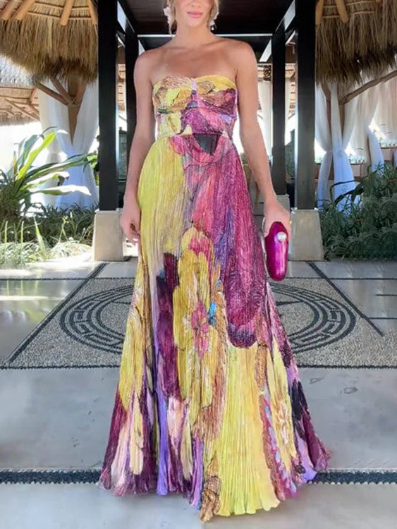 Vintage Art Hand-Painted Floral Print Pleated Maxi Dress