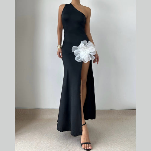 Flower applique one shoulder slit maxi dress  | Festival Outfits Women