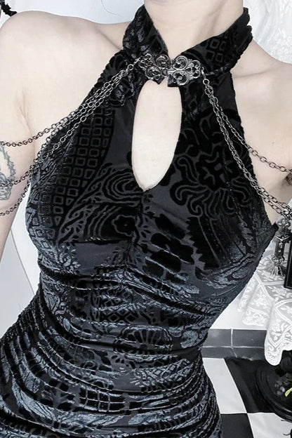 Chinese Dark Gothic Cheongsam Stand-up Collar High-slit Maxi Dress