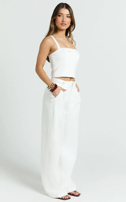 Oliver Pants - High Waist Wide Leg Pleated Pants in White