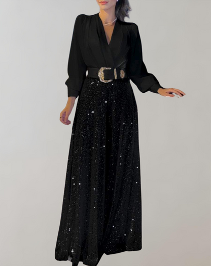 Women's Formal Evening Dress with Belt and Sequin Skirt | Ideal for Spring/Summer