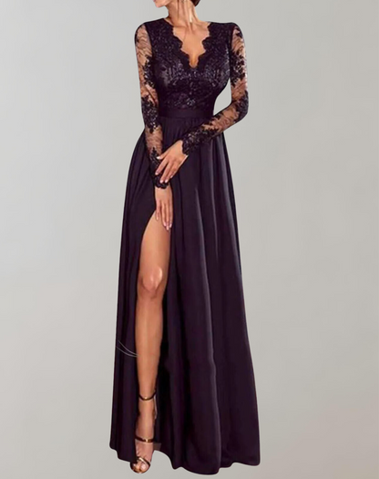 Women's Elegant Floral Lace Evening Dress with Slit | Ideal for Spring/Summer