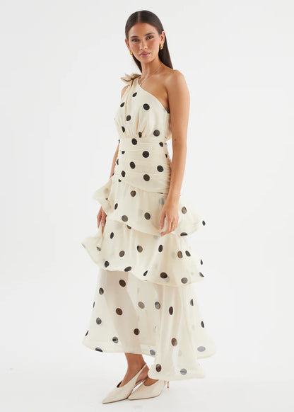 Polka Dot One-Shoulder Ruffle Maxi Dress
