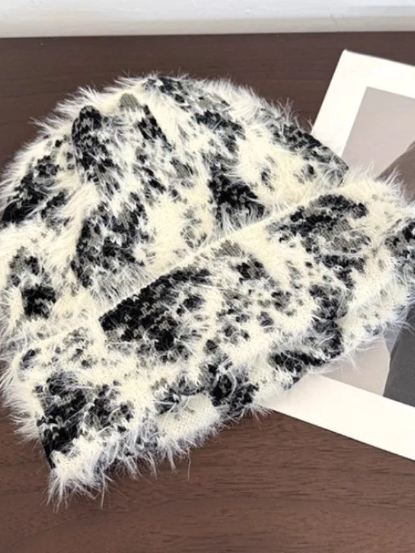 Y2K Leopard Print Plush Knitted Beanie Unisex Winter Travel Warm Versatile Hat