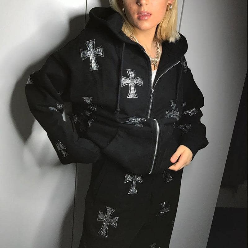 Couple Casual Long Sleeve Hat Rope Zipper Cross Hot Rhinestones Design Hoodie And Jogger Pants Two-piece Set