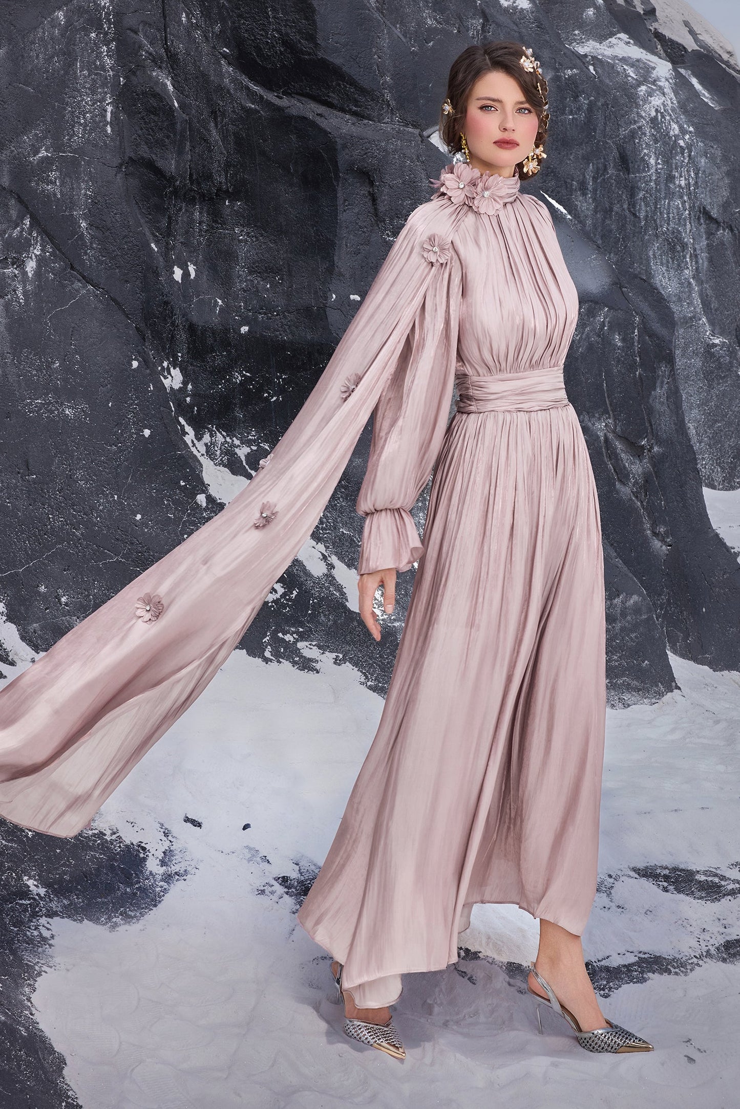 3D Flower Gathering Cape Maxi Dress