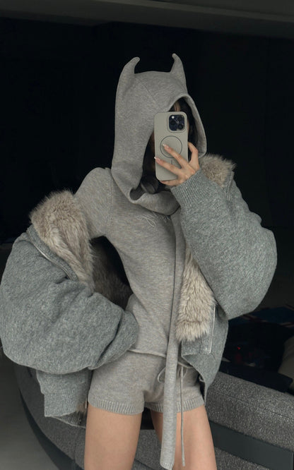 Furry Hood Jacket & Knit Hood Hat Set with Slim Top and Drawstring Shorts