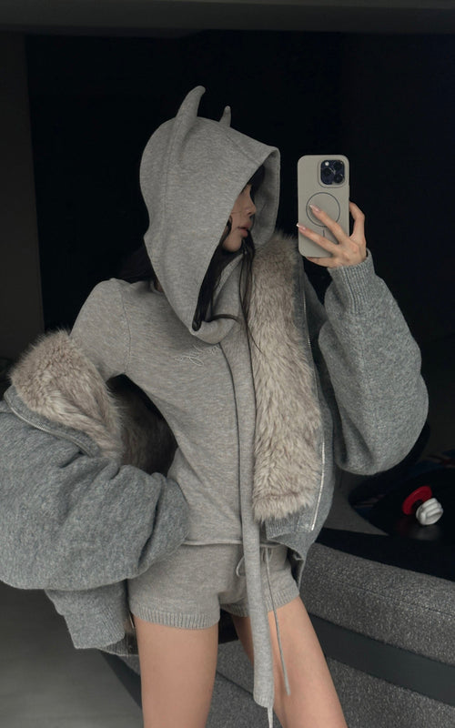 Furry Hood Jacket & Knit Hood Hat Set with Slim Top and Drawstring Shorts
