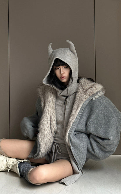 Furry Hood Jacket & Knit Hood Hat Set with Slim Top and Drawstring Shorts