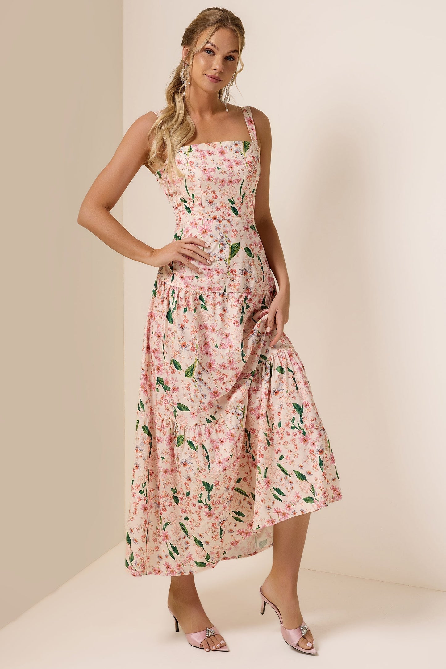 Floral  Square Collar Sleeveless Maxi Dress