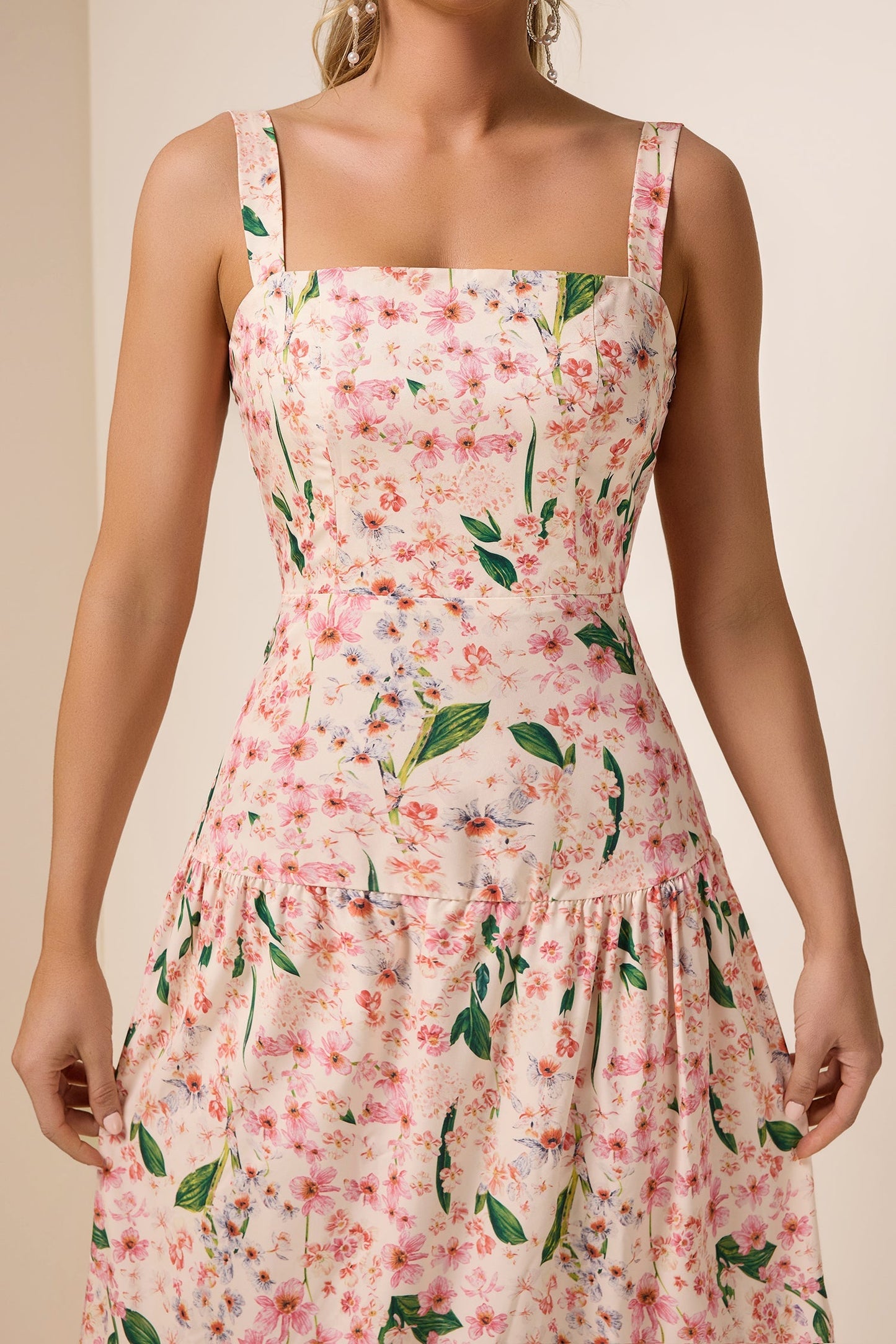 Floral  Square Collar Sleeveless Maxi Dress