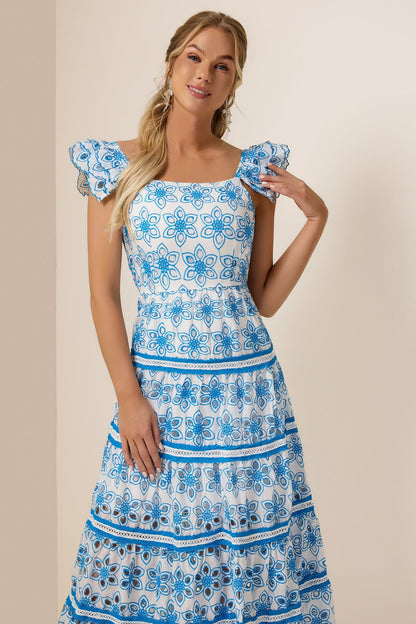 Embroidered Smocking Square Collar Maxi Dress