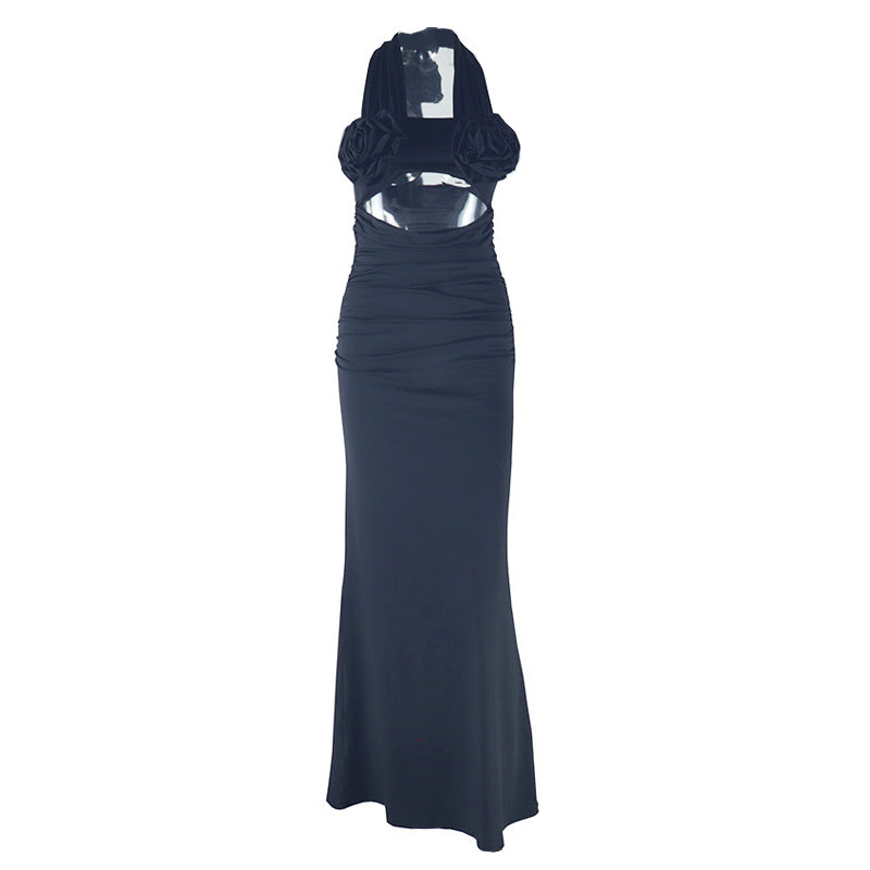 Halter flower applique hollow out cut out maxi dress  | Festival Outfits Women