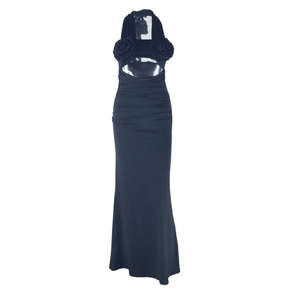 Halter flower applique hollow out cut out maxi dress  | Festival Outfits Women