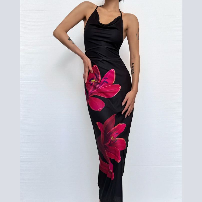 Flower print knotted backless tube maxi dress  | Festival Outfits Women