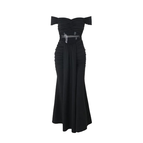 Off shoulder mesh patchwork ruched maxi dress  | Festival Outfits Women