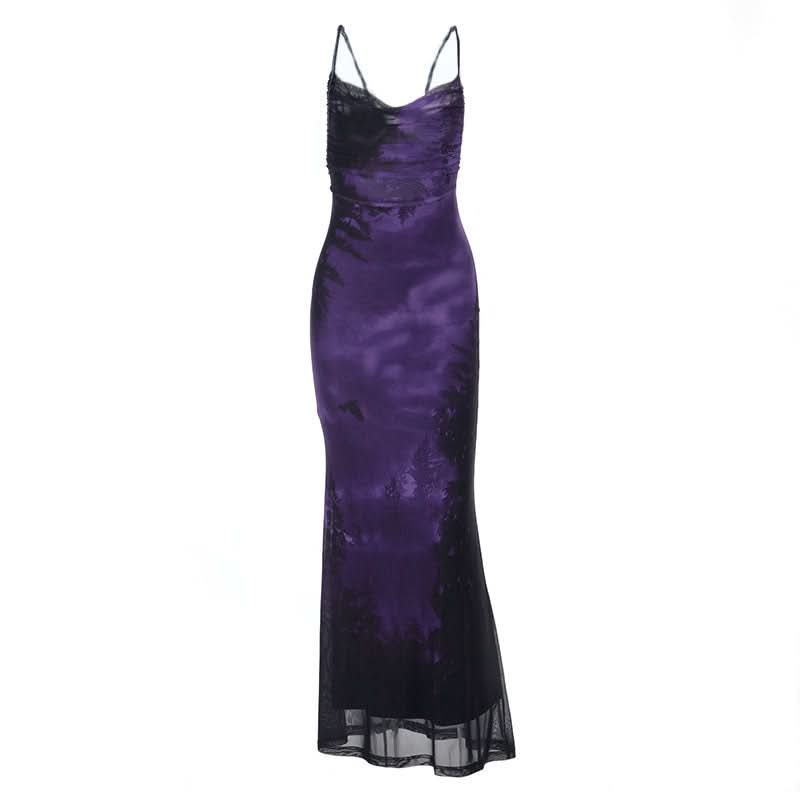 Cross back print ruched cowl neck cami maxi dress  | Festival Outfits Women