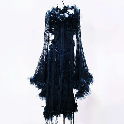 Lace long flared sleeve flower applique maxi dress  | Festival Outfits Women