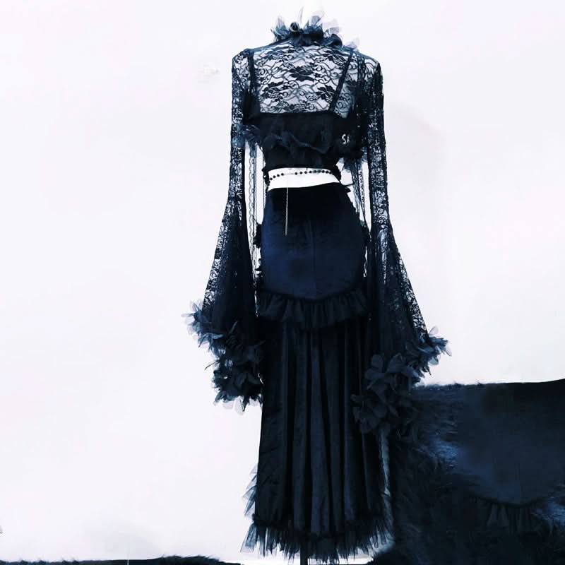 Hollow out long sleeve flower applique lace cut out maxi dress  | Festival Outfits Women