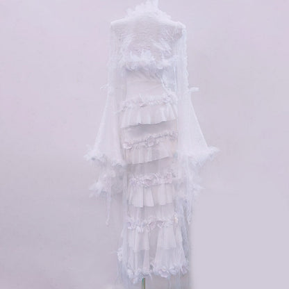 Long flared sleeve flower applique lace hem maxi dress  | Festival Outfits Women