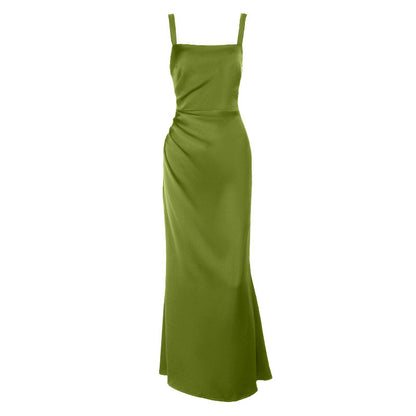 Square neck satin ruched zip-up cami maxi dress  | Festival Outfits Women