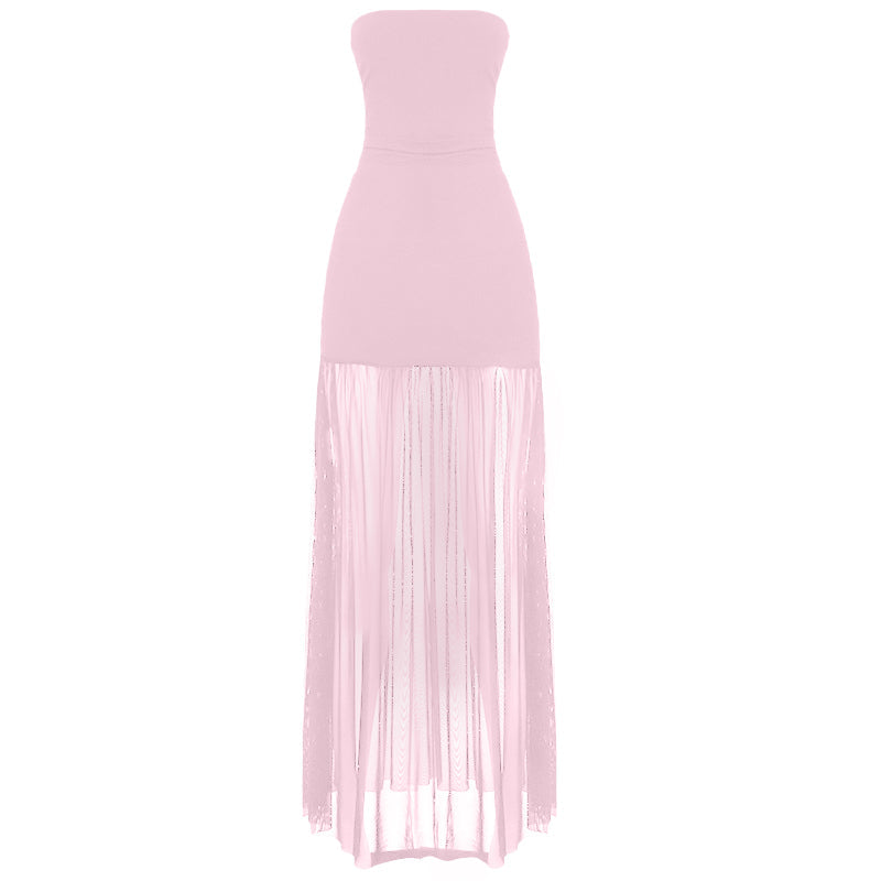 Slit mesh ruched backless tube maxi dress  | Festival Outfits Women