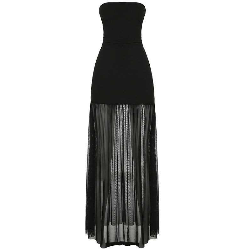 Slit mesh ruched backless tube maxi dress  | Festival Outfits Women