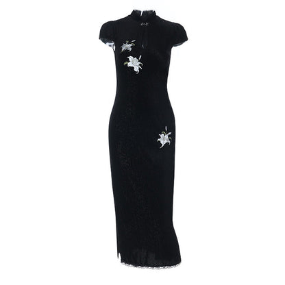 Flower embroidery cap sleeve slit maxi dress  | Festival Outfits Women