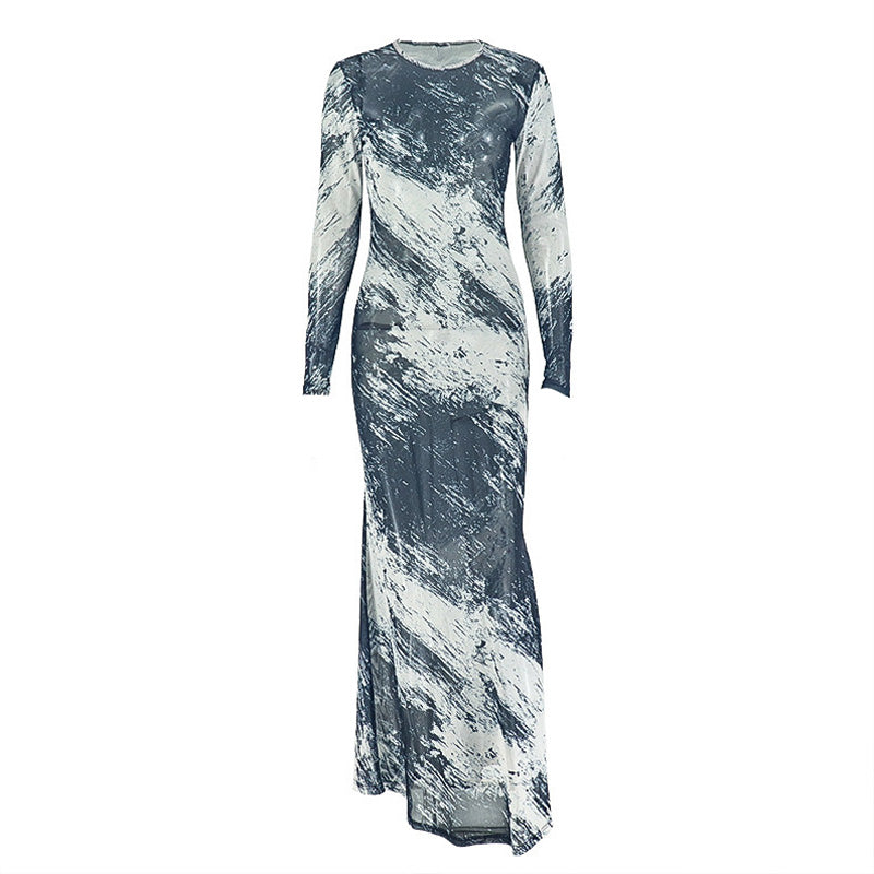 Long sleeve mesh crewneck contrast maxi dress  | Festival Outfits Women
