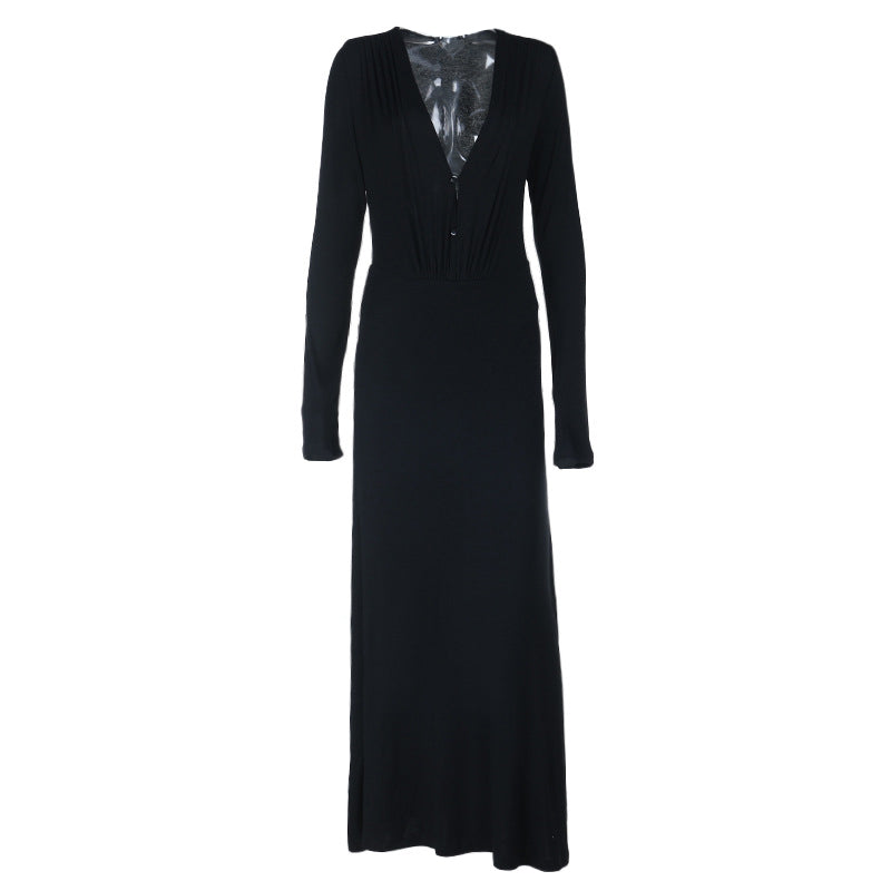 V neck long sleeve button ruched maxi dress  | Festival Outfits Women