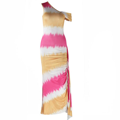 Ruched one shoulder print irregular maxi dress  | Festival Outfits Women