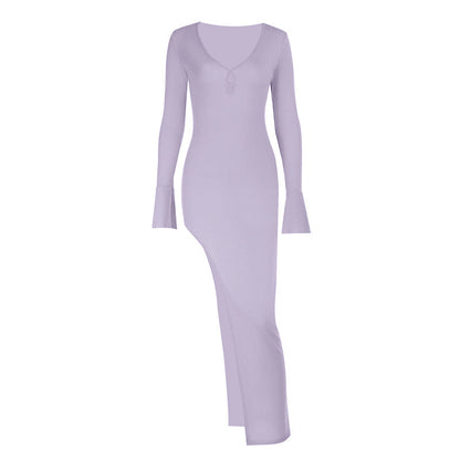 V neck long sleeve slit irregular maxi dress  | Festival Outfits Women