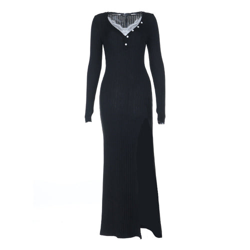 Long sleeve v neck lace hem slit maxi dress  | Festival Outfits Women