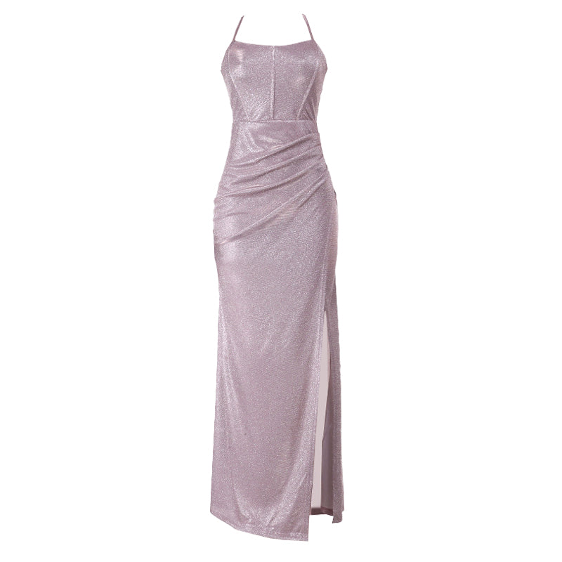 Cross back self tie ruched zip-up slit cami maxi dress  | Festival Outfits Women