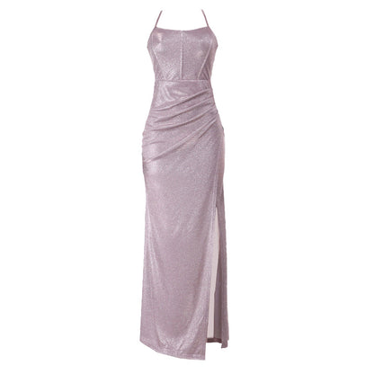 Cross back self tie ruched zip-up slit cami maxi dress  | Festival Outfits Women