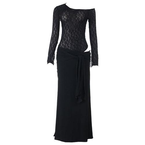 Ruched long sleeve lace hollow out cut out maxi dress  | Festival Outfits Women