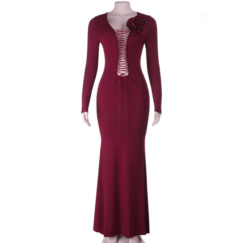 Long sleeve flower applique self tie solid maxi dress  | Festival Outfits Women