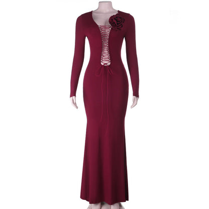 Long sleeve flower applique self tie solid maxi dress  | Festival Outfits Women
