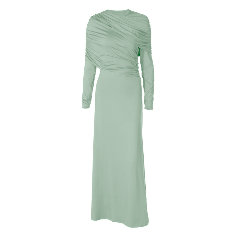 Long sleeve ruched irregular crewneck maxi dress  | Festival Outfits Women