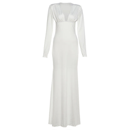 Long sleeve v neck low cut solid maxi dress  | Festival Outfits Women