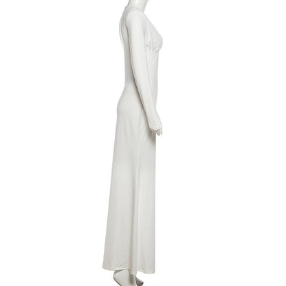 Long sleeve v neck low cut solid maxi dress  | Festival Outfits Women