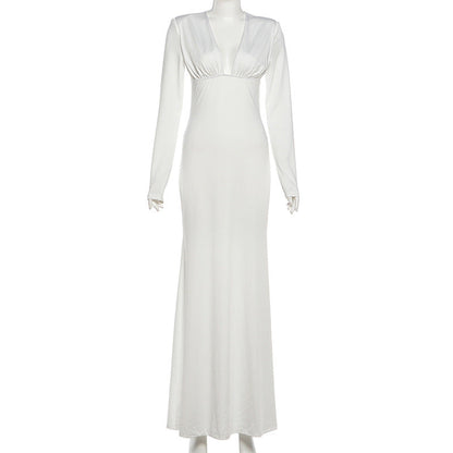 Long sleeve v neck low cut solid maxi dress  | Festival Outfits Women