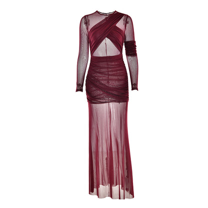 Crewneck long sleeve mesh ruched maxi dress  | Festival Outfits Women