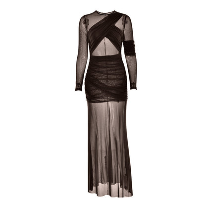 Crewneck long sleeve mesh ruched maxi dress  | Festival Outfits Women
