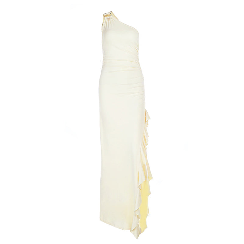 Irregular one shoulder slit ruffle ruched maxi dress  | Festival Outfits Women