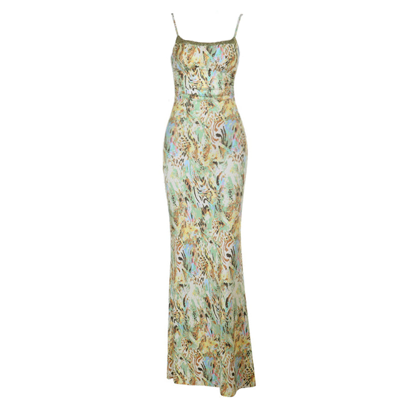 Glitter square neck print self tie cami maxi dress  | Festival Outfits Women